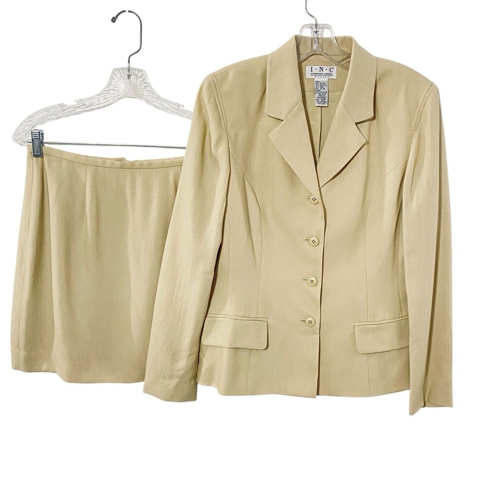New INC International Concepts Suit Set Beige 10P Mini Pencil Skirt Blazer vtg